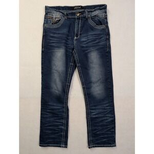 True Luck Mens Jeans 34 x 30 Straight Leg Contrast Stitch Dark Wash Blue